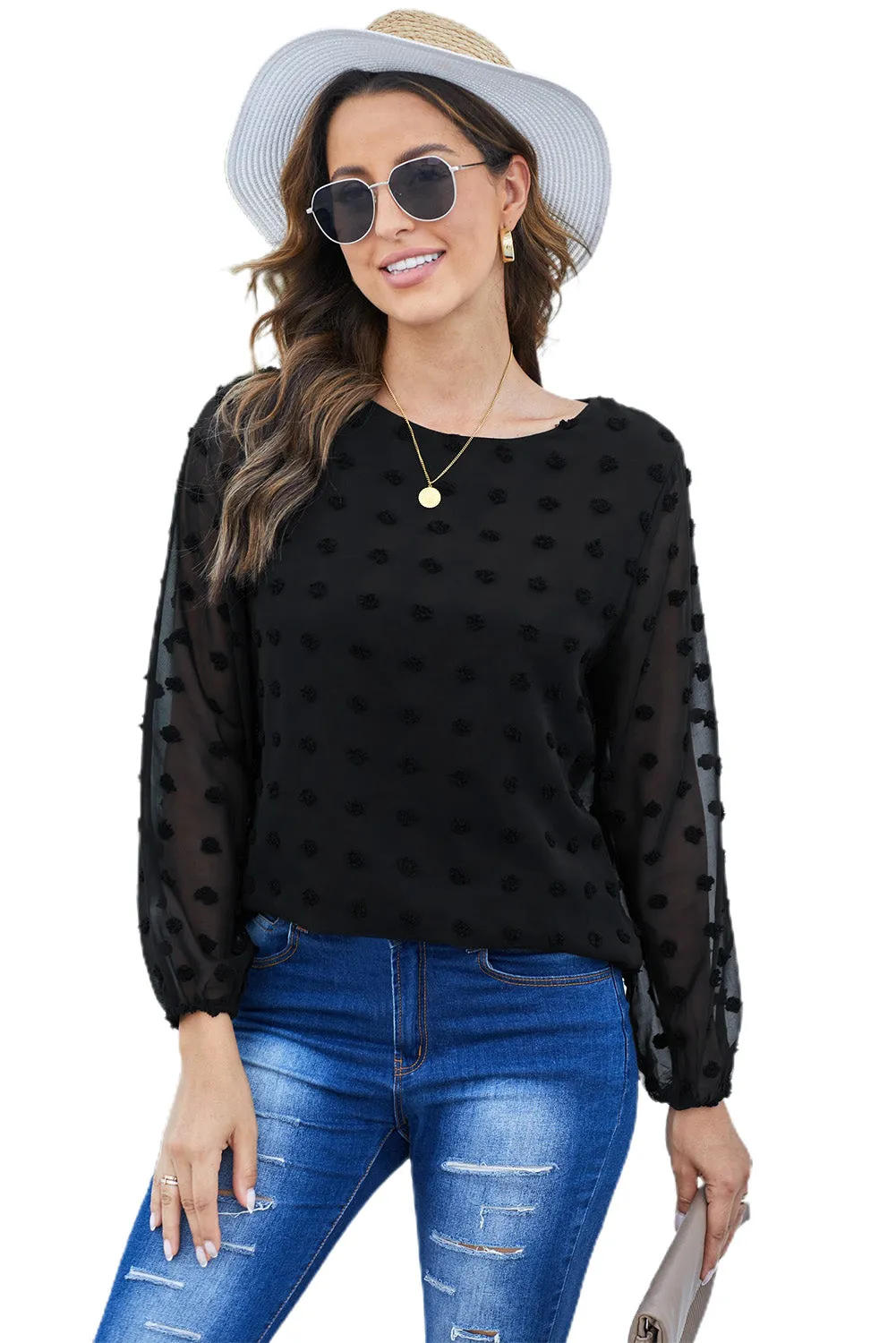 White Swiss Dot Baloon Sleeve Top