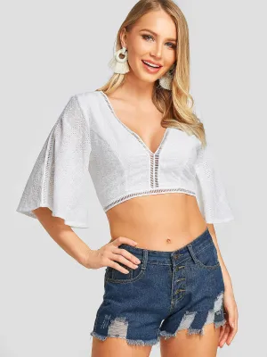 Wholesale Deep V Neck Plain Backless Hollow Half Sleeve White Crop Top