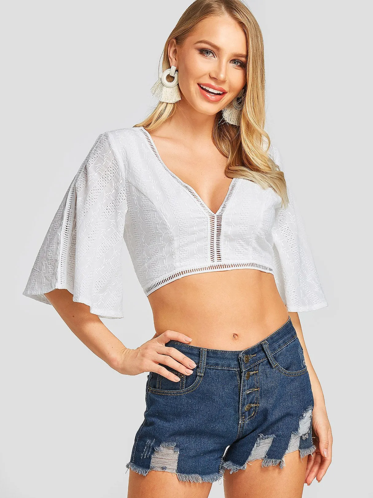 Wholesale Deep V Neck Plain Backless Hollow Half Sleeve White Crop Top