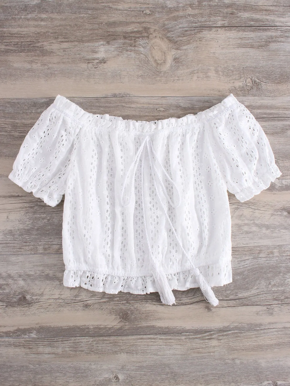 Wholesale Off The Shoulder Plain Crochet Lace Embellished Hollow Short Sleeve White Crop Top