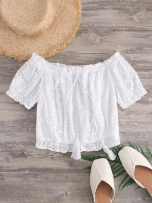 Wholesale Off The Shoulder Plain Crochet Lace Embellished Hollow Short Sleeve White Crop Top