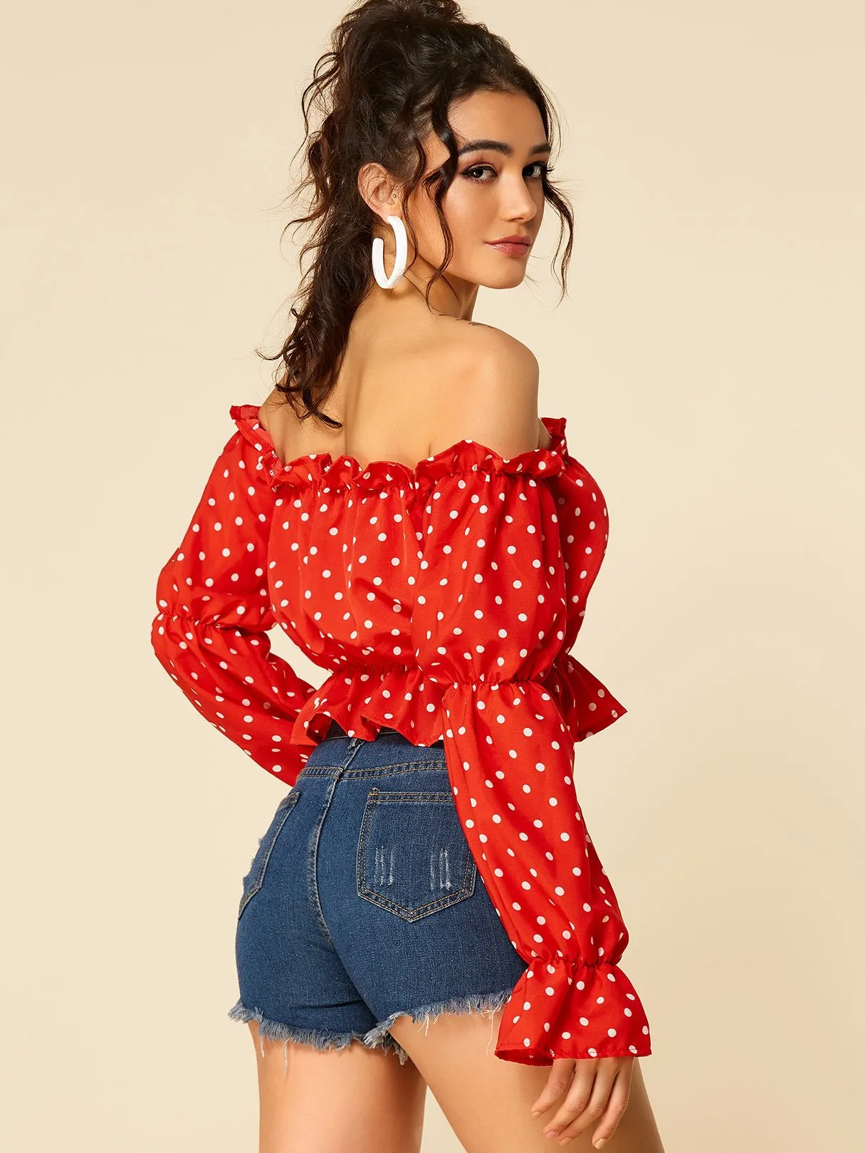Wholesale Off The Shoulder Polka Dot Long Sleeve Crop Top