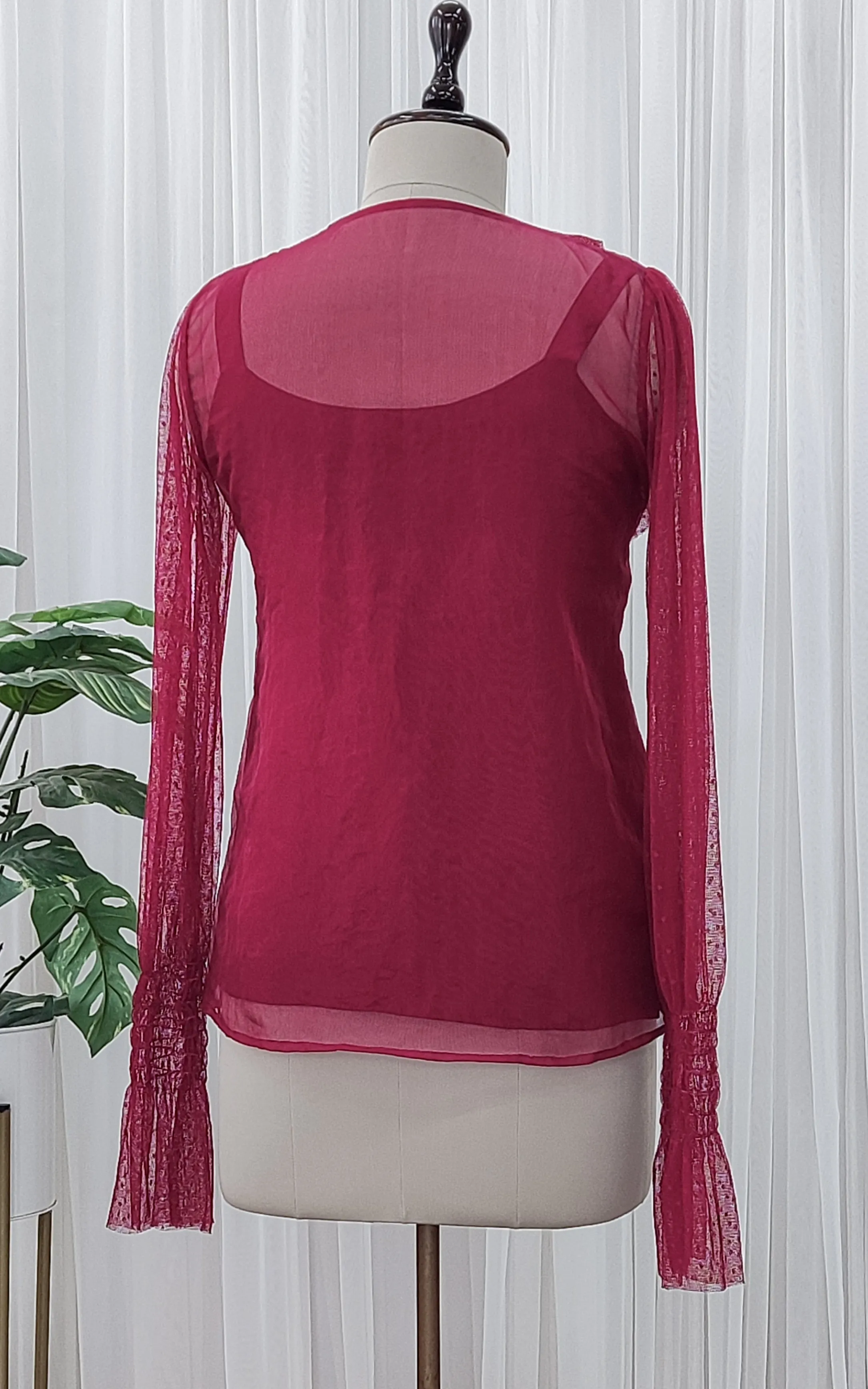 Wine Frilled Organza Top