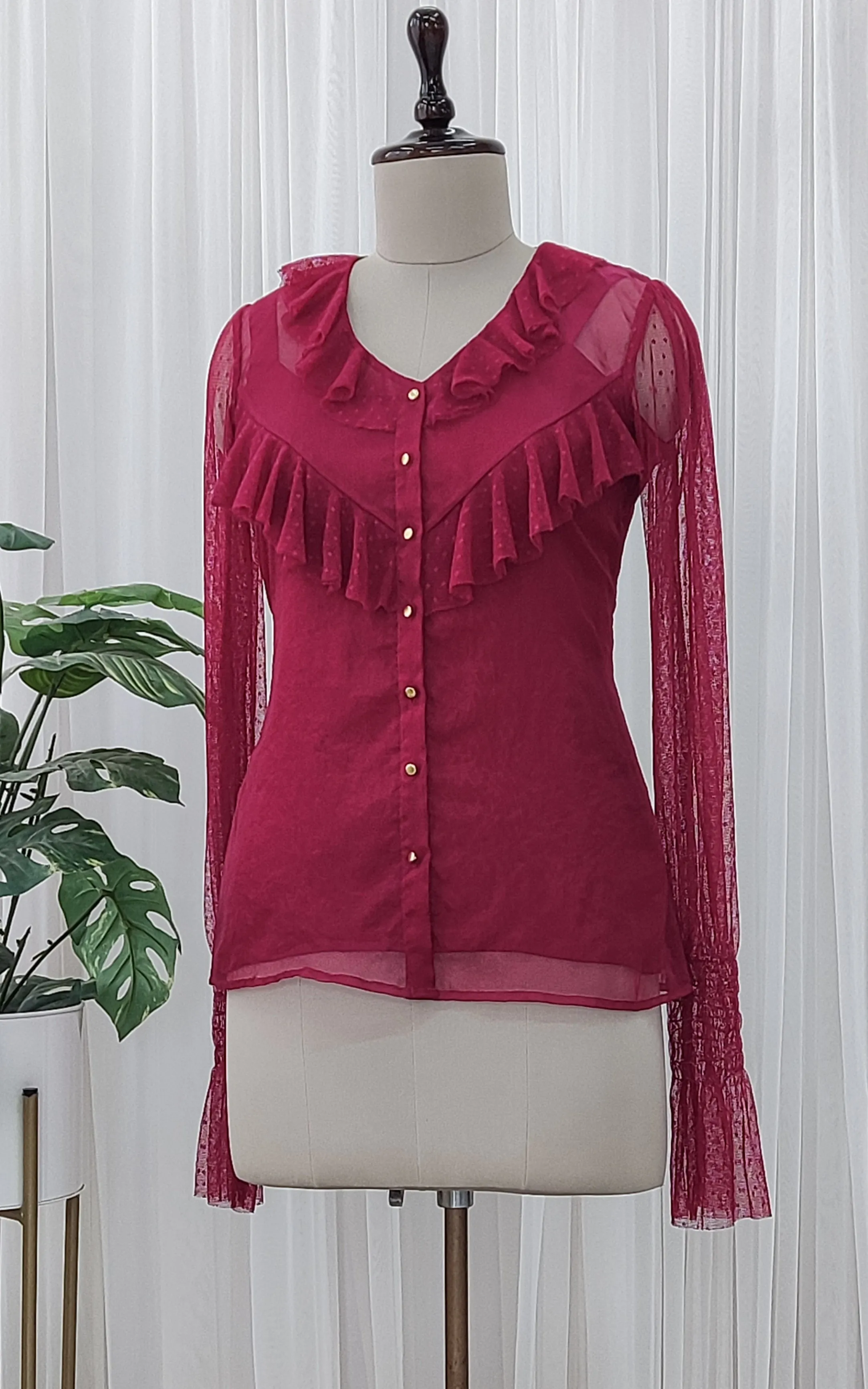 Wine Frilled Organza Top