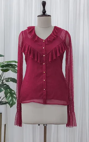 Wine Frilled Organza Top