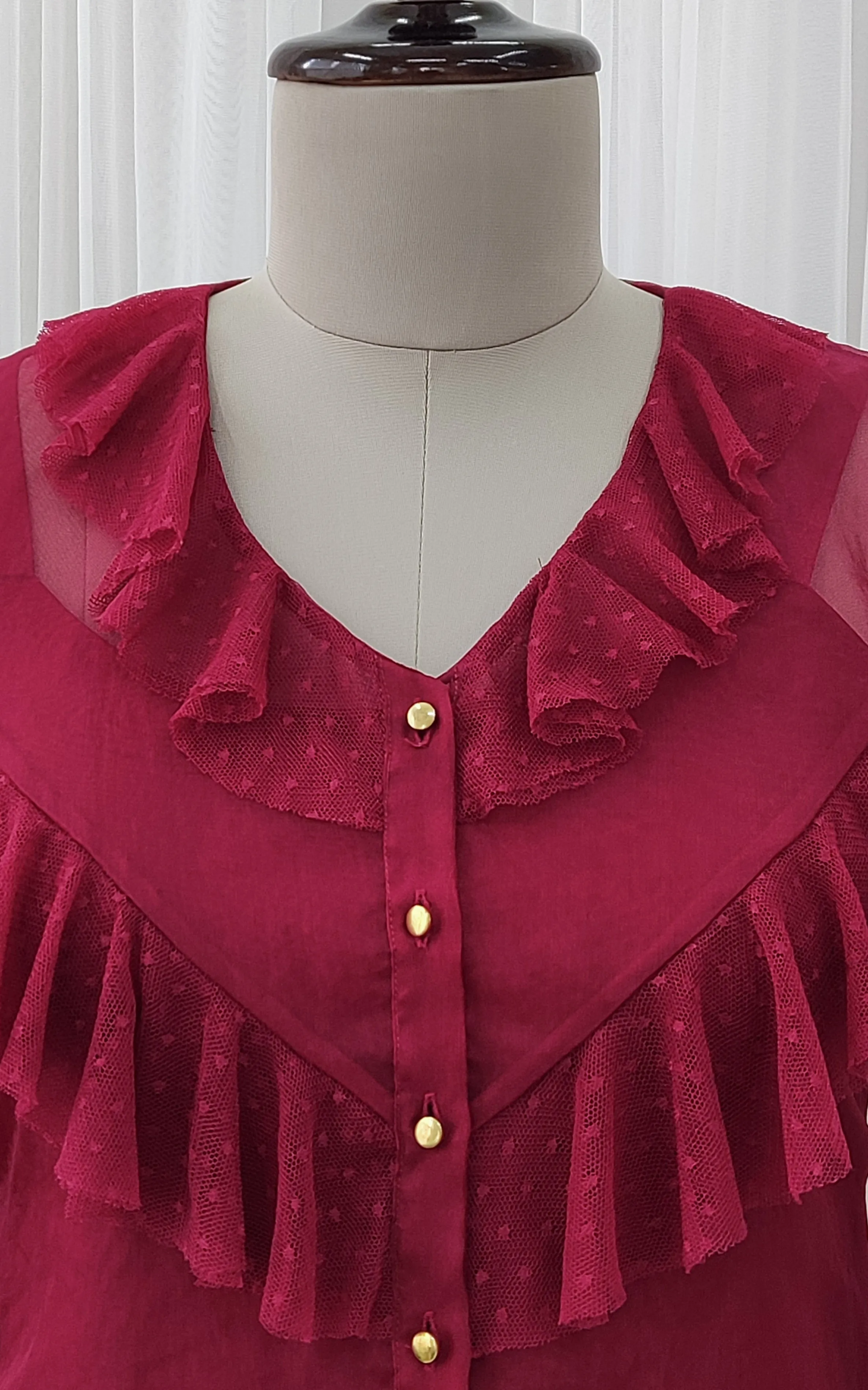 Wine Frilled Organza Top