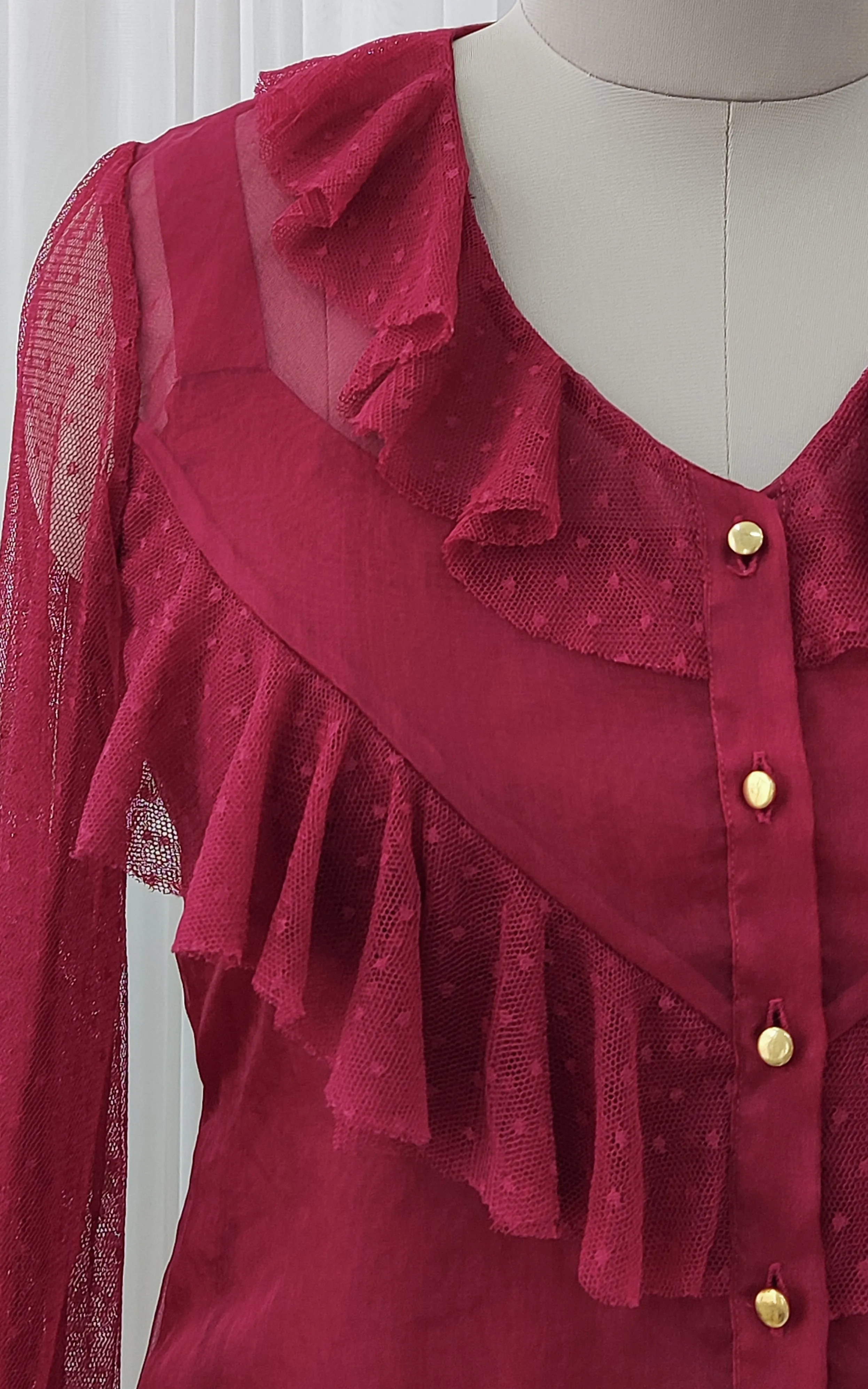 Wine Frilled Organza Top