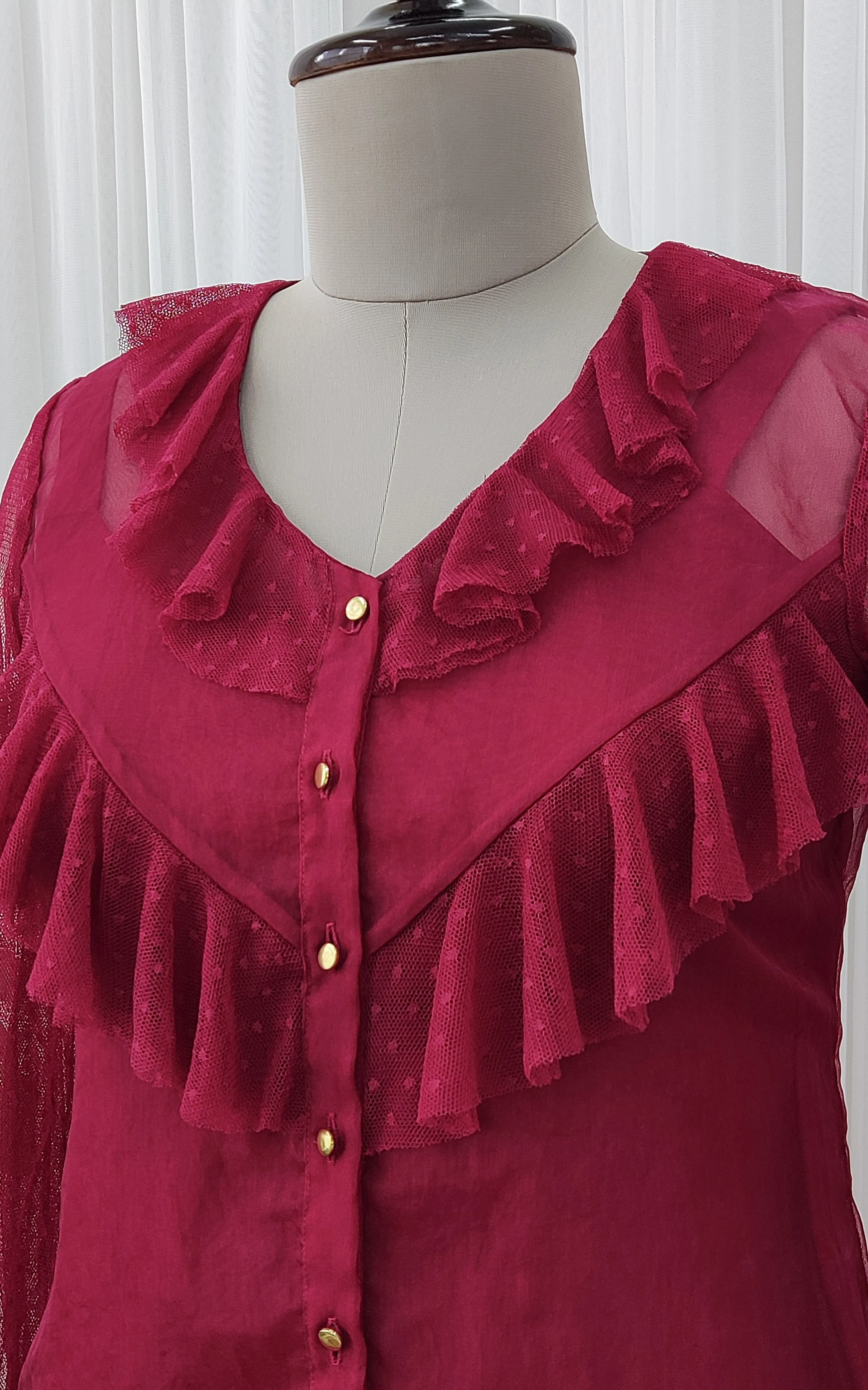 Wine Frilled Organza Top