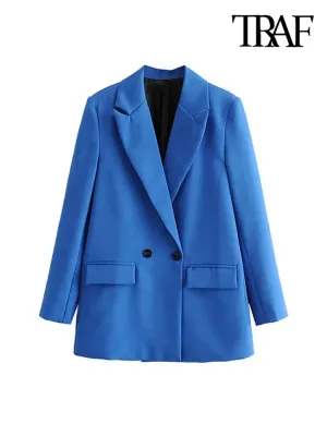 Women Chic Double Breasted Blazer Vintage Coat