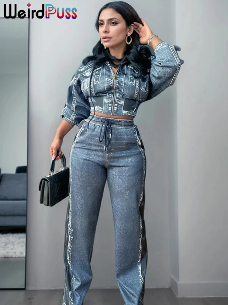 Women Stars Denim Print 2 Piece Set