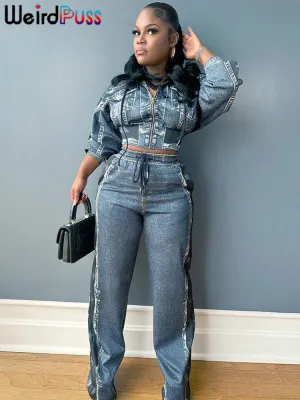Women Stars Denim Print 2 Piece Set