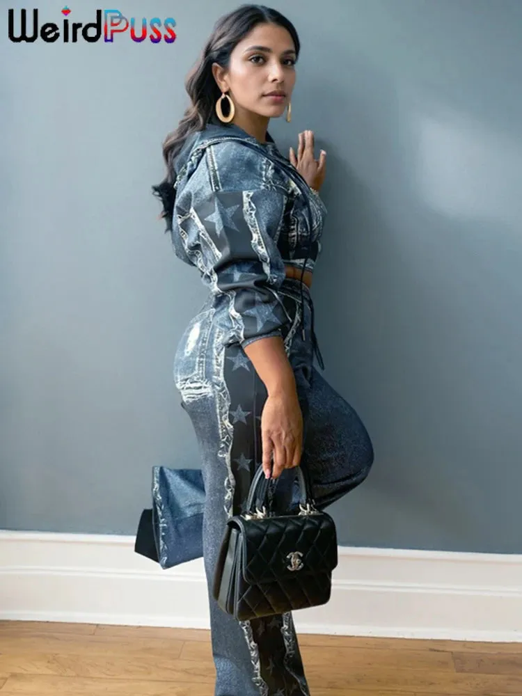 Women Stars Denim Print 2 Piece Set