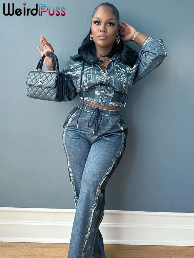 Women Stars Denim Print 2 Piece Set