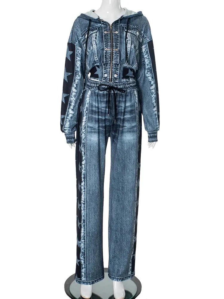 Women Stars Denim Print 2 Piece Set