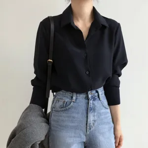Women Summer New Arrival  Solid Black Chiffon Long Sleeve Casual Shirt Blouse - WSB8540