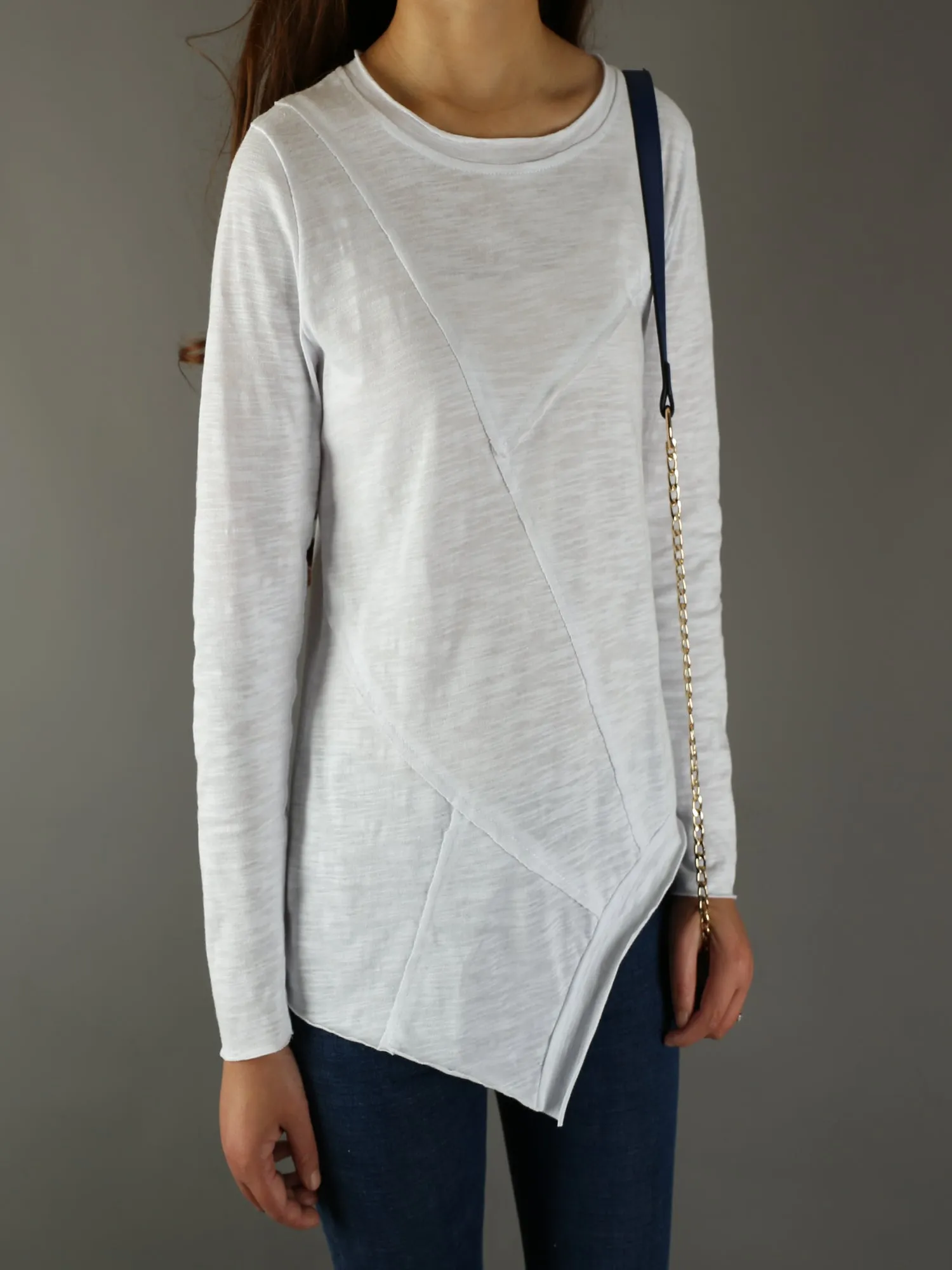 Women's Asymmetrical top/Cotton t-shirt/Long Sleeves Top/Crew Neck T-shirt/Customized Plus Size Clothing(Y1821)