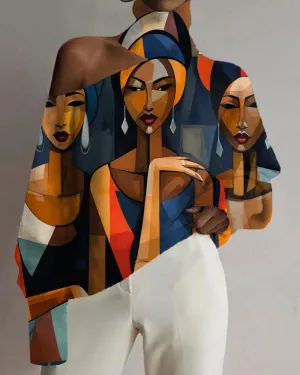 Women's Black Vintage Oil Painting Color Matching Geometric Print Off-shoulder Top