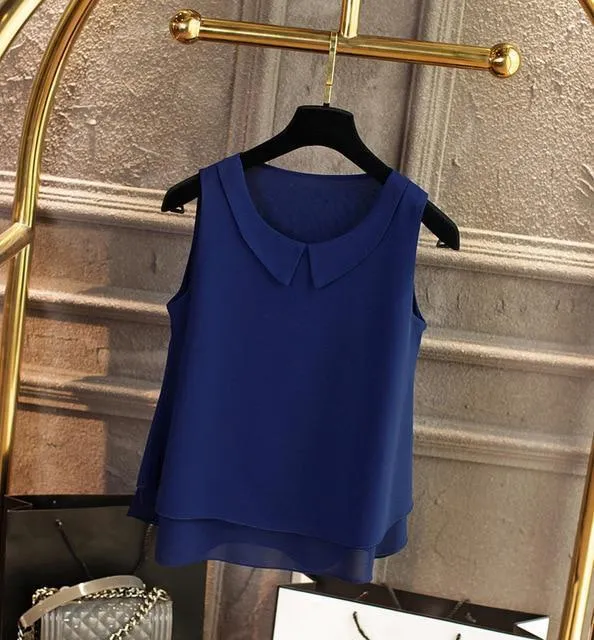 Women's blouses New sleeveless Peter pan Collar shirt For Women Chiffon Blouse  Summer Casual Plus size 5XL Female Tops