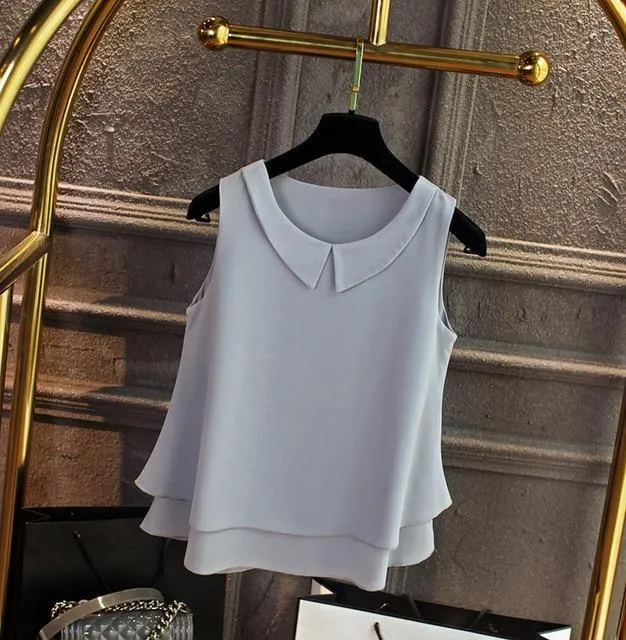 Women's blouses New sleeveless Peter pan Collar shirt For Women Chiffon Blouse  Summer Casual Plus size 5XL Female Tops