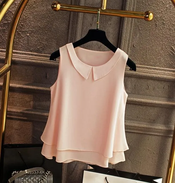 Women's blouses New sleeveless Peter pan Collar shirt For Women Chiffon Blouse  Summer Casual Plus size 5XL Female Tops