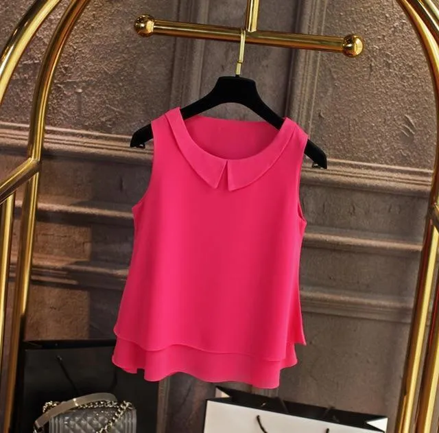 Women's blouses New sleeveless Peter pan Collar shirt For Women Chiffon Blouse  Summer Casual Plus size 5XL Female Tops