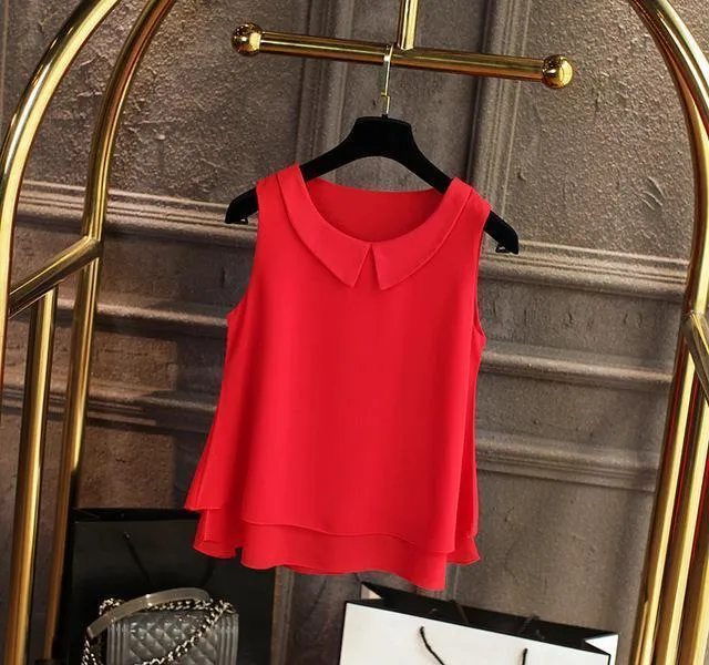 Women's blouses New sleeveless Peter pan Collar shirt For Women Chiffon Blouse  Summer Casual Plus size 5XL Female Tops