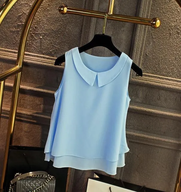 Women's blouses New sleeveless Peter pan Collar shirt For Women Chiffon Blouse  Summer Casual Plus size 5XL Female Tops