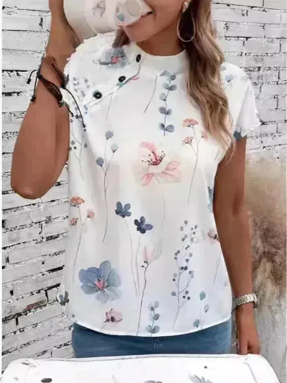 Women's Casual Stand Collar Short-sleeved Digital Printed Top T-shirt