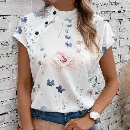 Women's Casual Stand Collar Short-sleeved Digital Printed Top T-shirt