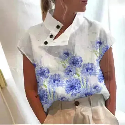 Women's Casual Stand Collar Short-sleeved Digital Printed Top T-shirt