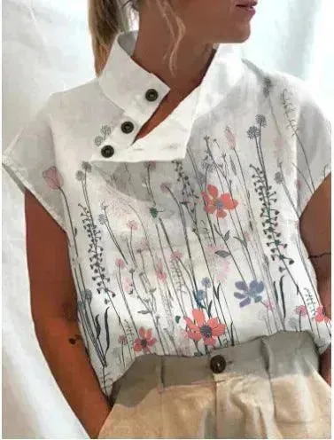 Women's Casual Stand Collar Short-sleeved Digital Printed Top T-shirt