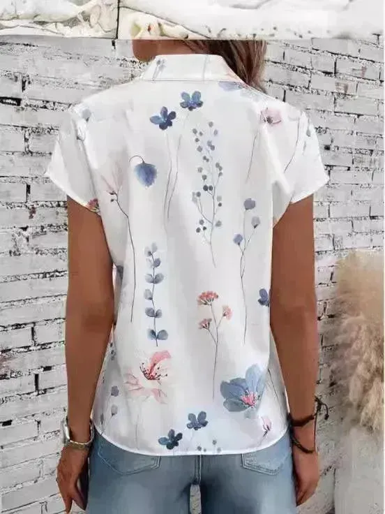 Women's Casual Stand Collar Short-sleeved Digital Printed Top T-shirt