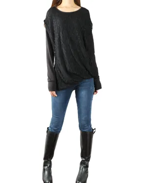 Womens cotton Top/Lace Cotton Hoodie/Oversized Plus size Sweatshirt/Casual Top/Customized T-shirt/Asymmetry clothing/Boho t-shirt/Long Sleeve Shirt(Y3118S)