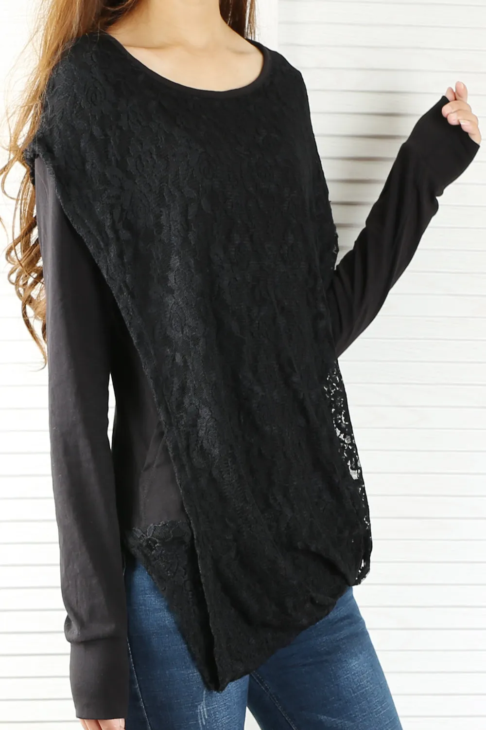 Womens cotton Top/Lace Cotton Hoodie/Oversized Plus size Sweatshirt/Casual Top/Customized T-shirt/Asymmetry clothing/Boho t-shirt/Long Sleeve Shirt(Y3118S)
