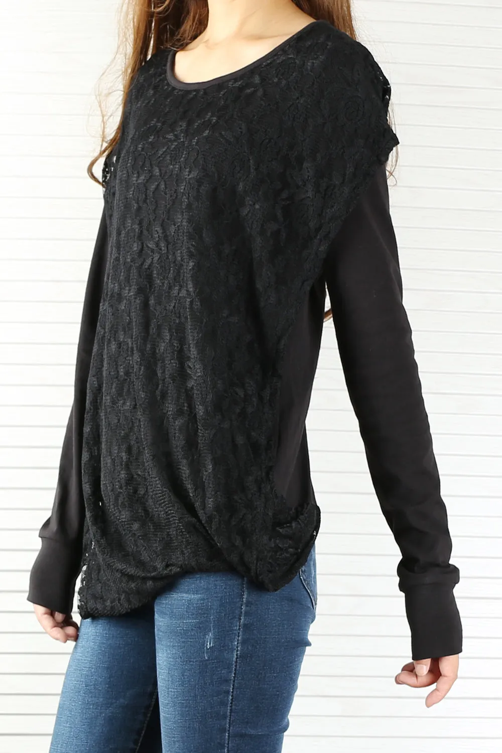 Womens cotton Top/Lace Cotton Hoodie/Oversized Plus size Sweatshirt/Casual Top/Customized T-shirt/Asymmetry clothing/Boho t-shirt/Long Sleeve Shirt(Y3118S)