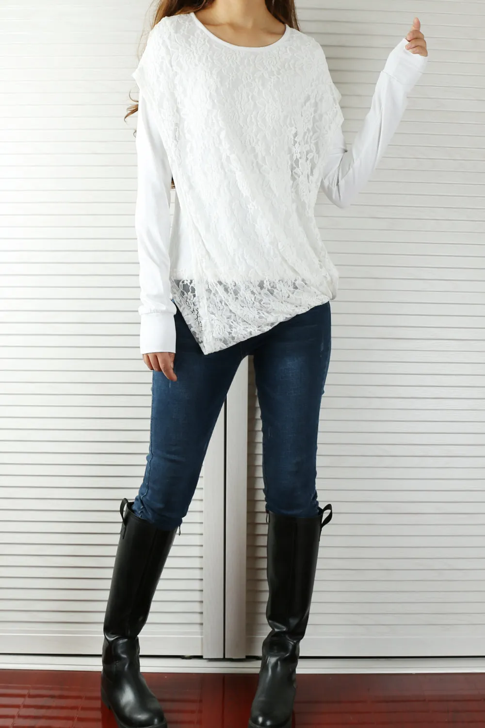 Womens cotton Top/Lace Cotton Hoodie/Oversized Plus size Sweatshirt/Casual Top/Customized T-shirt/Asymmetry clothing/Boho t-shirt/Long Sleeve Shirt(Y3118S)
