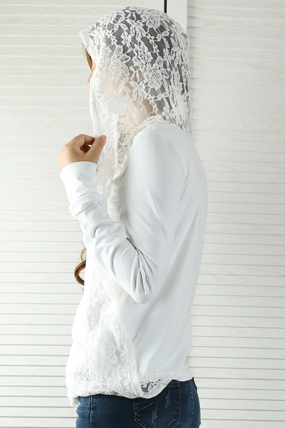 Womens cotton Top/Lace Cotton Hoodie/Oversized Plus size Sweatshirt/Casual Top/Customized T-shirt/Asymmetry clothing/Boho t-shirt/Long Sleeve Shirt(Y3118S)