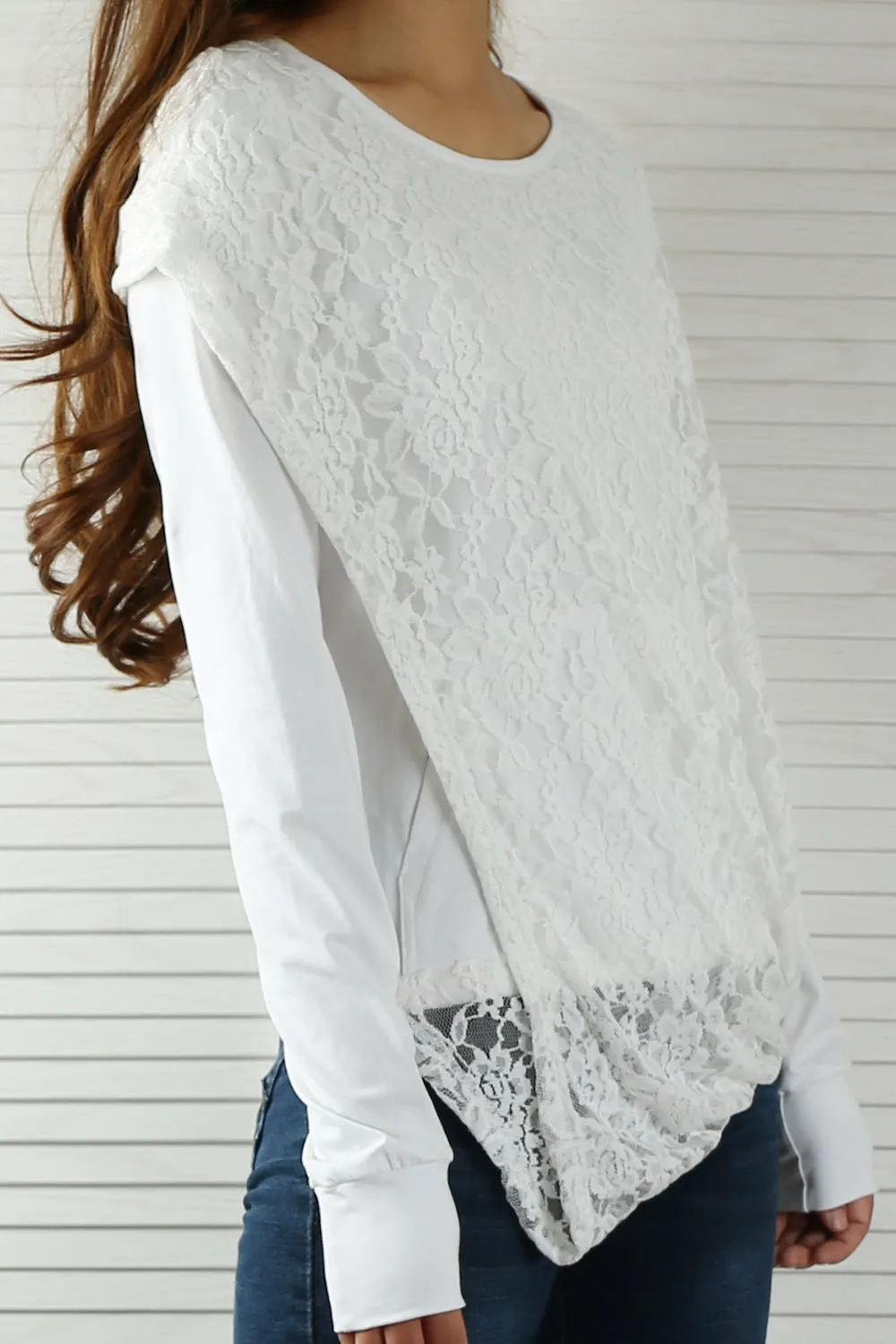 Womens cotton Top/Lace Cotton Hoodie/Oversized Plus size Sweatshirt/Casual Top/Customized T-shirt/Asymmetry clothing/Boho t-shirt/Long Sleeve Shirt(Y3118S)