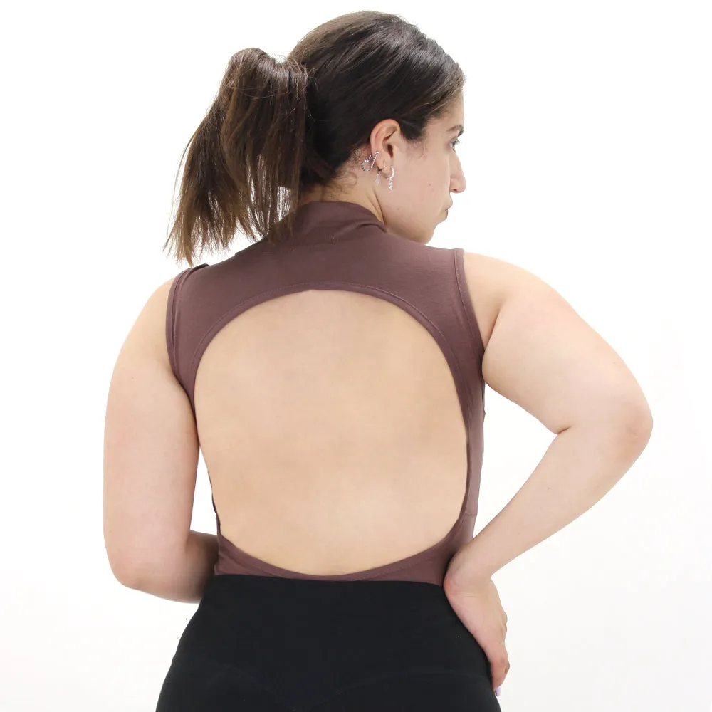 Women's Crew Neck Open Back Bodysuit,Brown