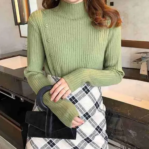 Women's Elegant Knit Turtleneck Jumper with Button and Slit | Ideal for Autumn/Winter