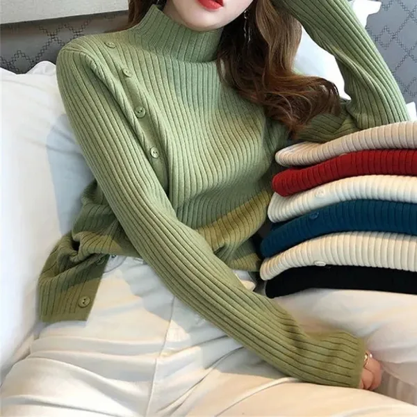 Women's Elegant Knit Turtleneck Jumper with Button and Slit | Ideal for Autumn/Winter