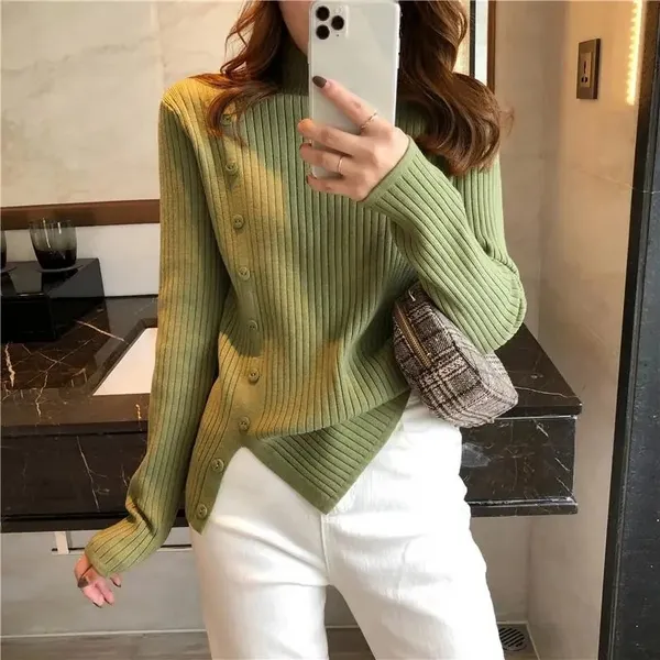 Women's Elegant Knit Turtleneck Jumper with Button and Slit | Ideal for Autumn/Winter