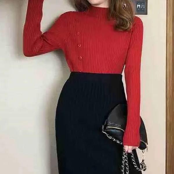 Women's Elegant Knit Turtleneck Jumper with Button and Slit | Ideal for Autumn/Winter