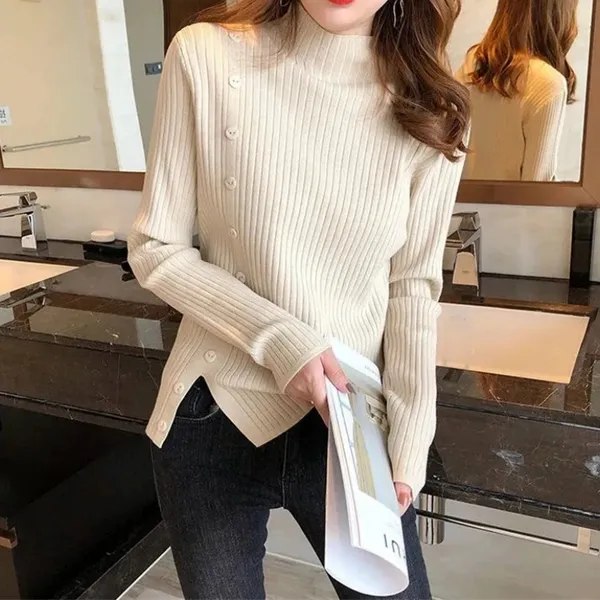 Women's Elegant Knit Turtleneck Jumper with Button and Slit | Ideal for Autumn/Winter