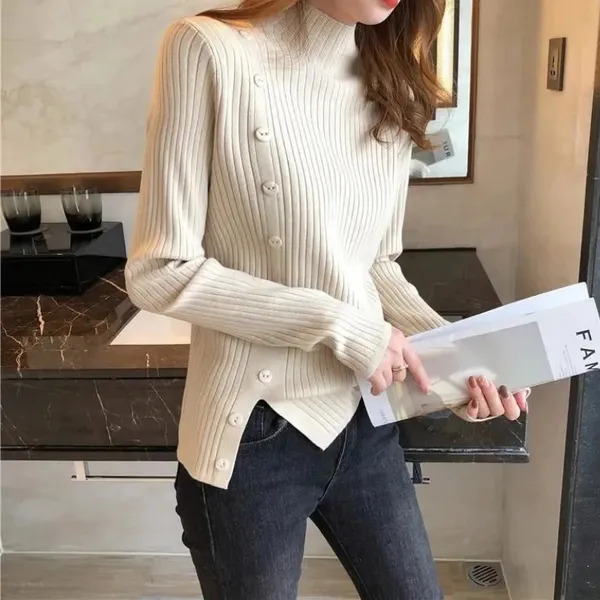 Women's Elegant Knit Turtleneck Jumper with Button and Slit | Ideal for Autumn/Winter