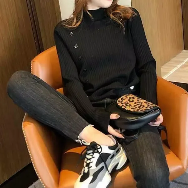 Women's Elegant Knit Turtleneck Jumper with Button and Slit | Ideal for Autumn/Winter