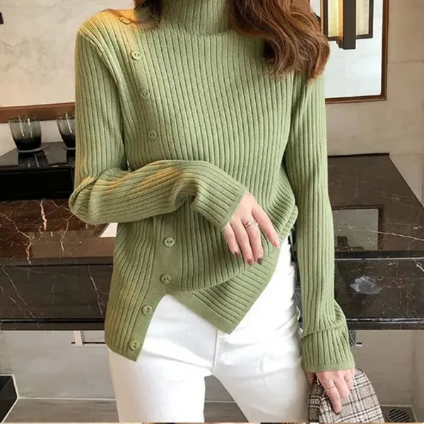Women's Elegant Knit Turtleneck Jumper with Button and Slit | Ideal for Autumn/Winter