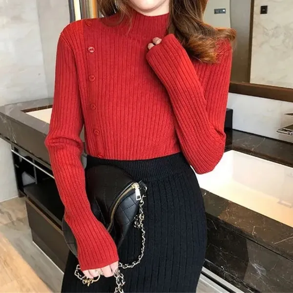 Women's Elegant Knit Turtleneck Jumper with Button and Slit | Ideal for Autumn/Winter