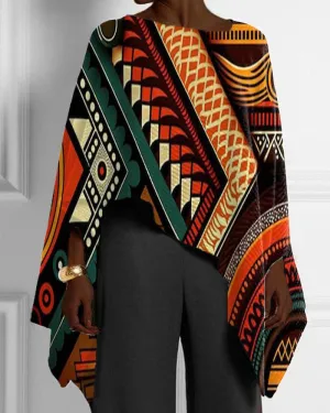 Women's Ethnic Style Patchwork Color Geometric Print Irregular Bat Sleeve Top