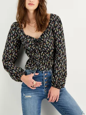 Women's Floral Puff Sleeve Peplum Top,Black
